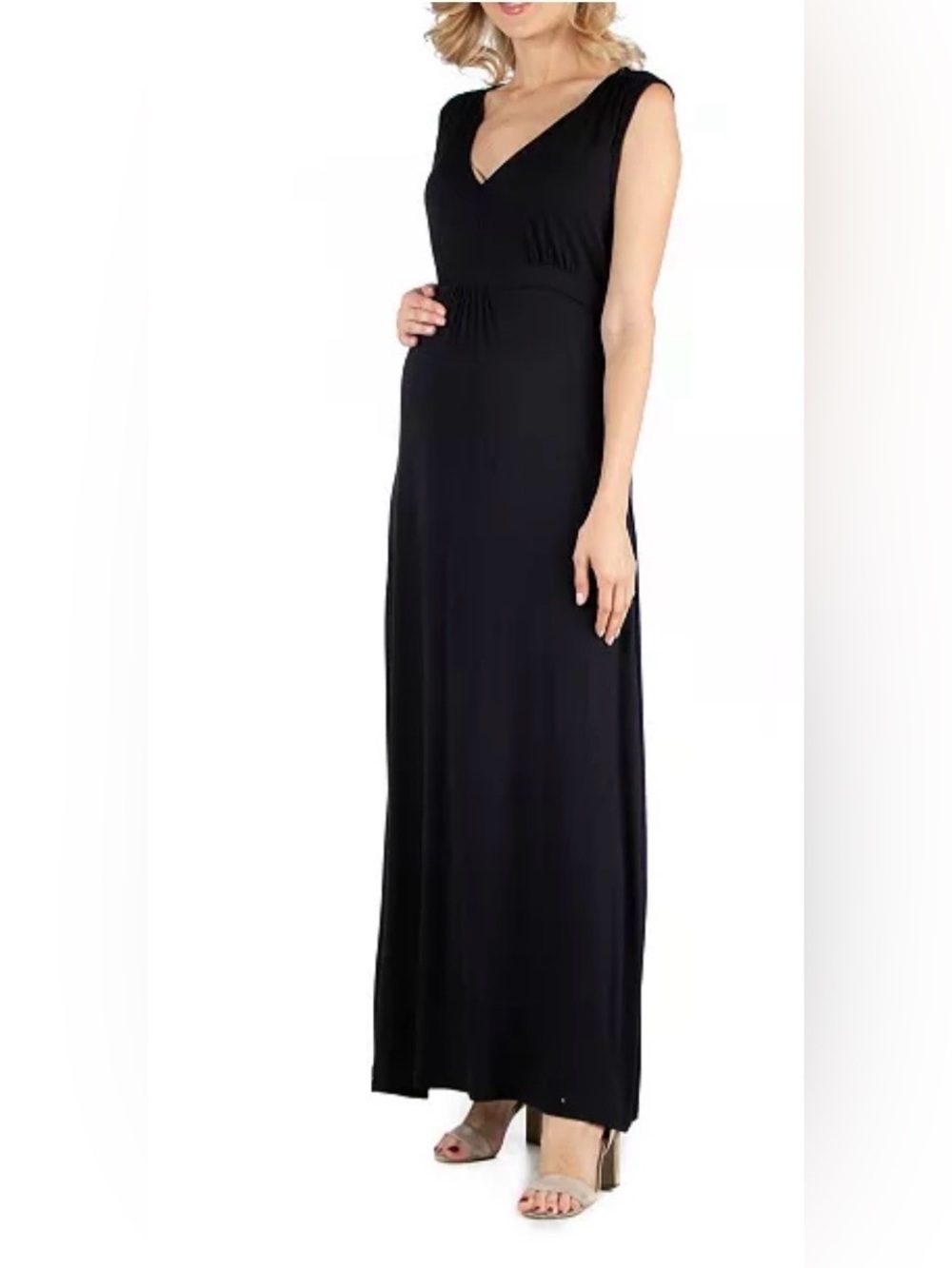 24seven Comfort Apparel
V Neck Sleeveless Maternity Maxi Dress with Belt